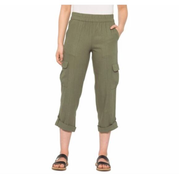 Eddie Bauer Linen Rayon Pull On Crop Cargo Pants Womens XL Olive Green Roll Tab - Picture 1 of 13
